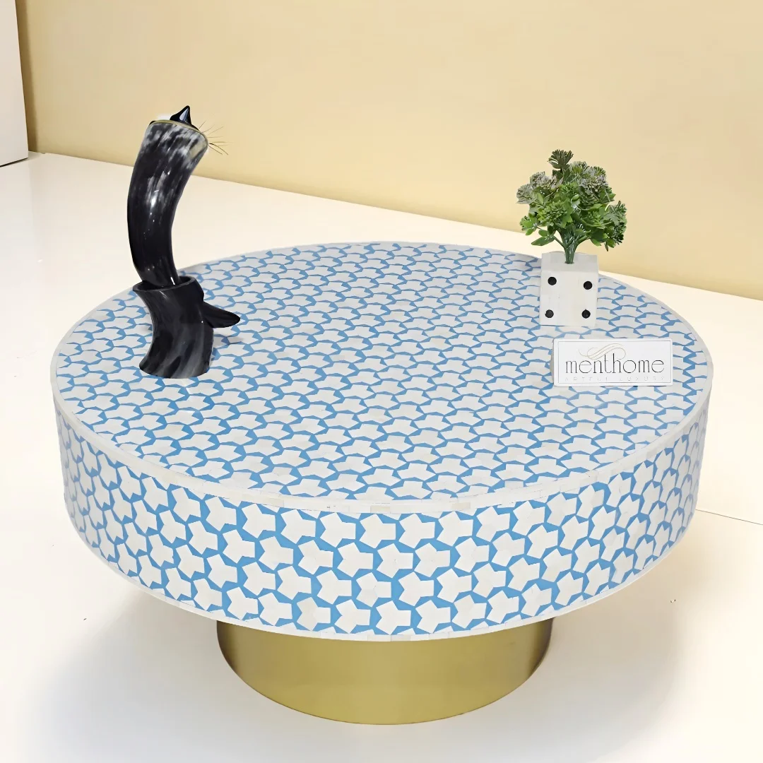 Round Coffee Table in Sky Blue, featuring a sleek Brass Base
