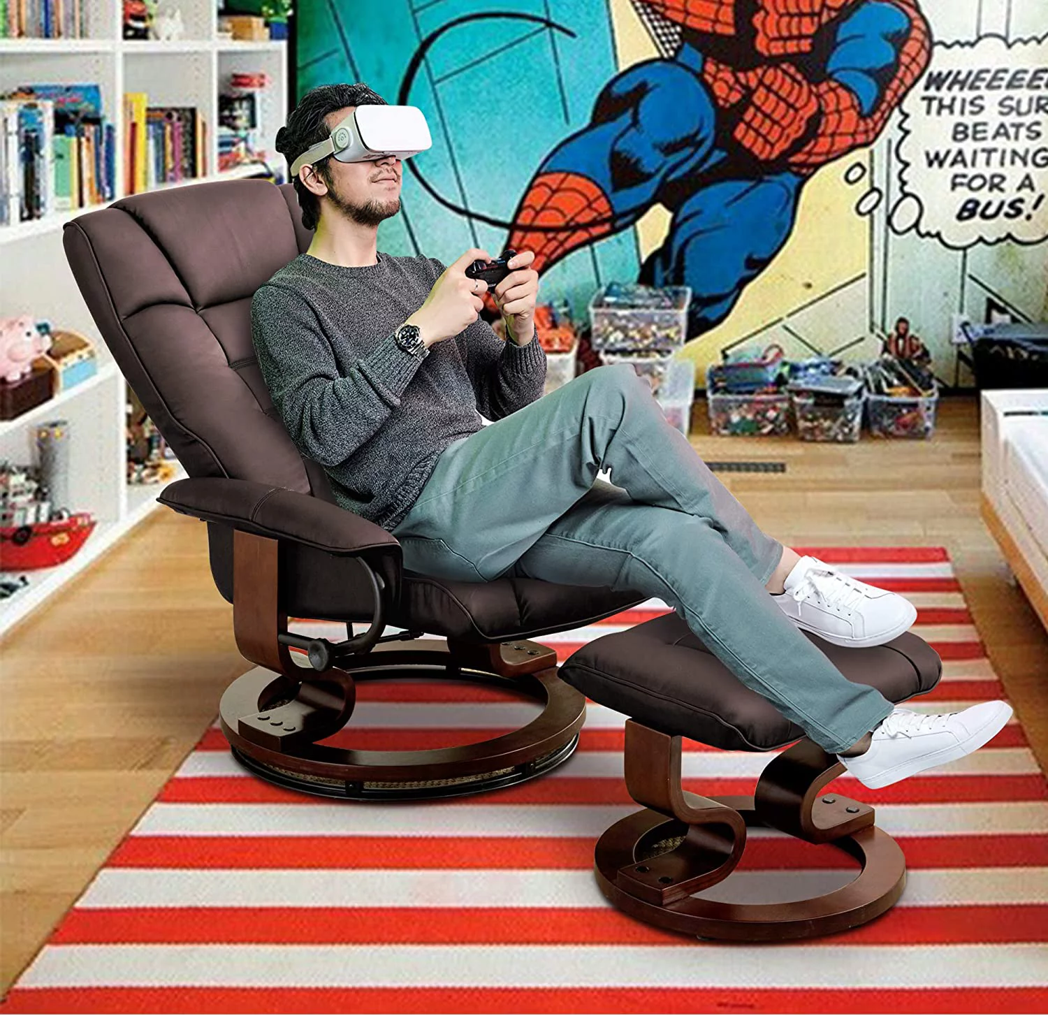 MCombo Swiveling Recliner Chair with Wrapped Wood Base and Matching Ottoman Footrest  Furniture Casual Chair  Faux Leather 9019 (Cream White)