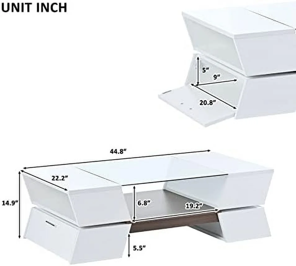 KHBIULIFE Modern Coffee Table with   High Gloss Coffee Table for Living Room  2-Tier Center Coffee Tables with Open Shelves and Cabinets  Rectangle Glass Top Tea Table for Waiting Room  W