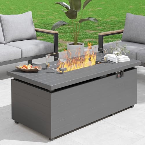 Sundale Outdoor 51 Inch Outdoor Fire Pit Table, 50,000 BTU Rectangle Propane Fire Pit with Glass Wind Guard, Rain Cover, Removable Lid, Matching with Outdoor Furniture Sets, CSA Certified, Gray