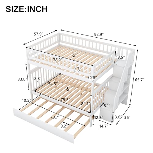 Wooden Full Size Bunk Bed with Trundle and Storage Staircase, Convertible to 3 Platform Bed, Space-Saving Bed Frame with Full-Length Safe Guardrail, No Box Spring Needed, White