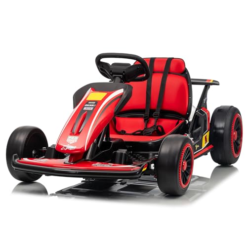 24V Kid Go Kart, 7AH Battery Powered Electric Vehicle, w/150 * 2 Motors, Drifting Car, Soft Start, Music, Horn Honking and Safety Belt, Gift for Kids Age 8-12 Years Old, Red