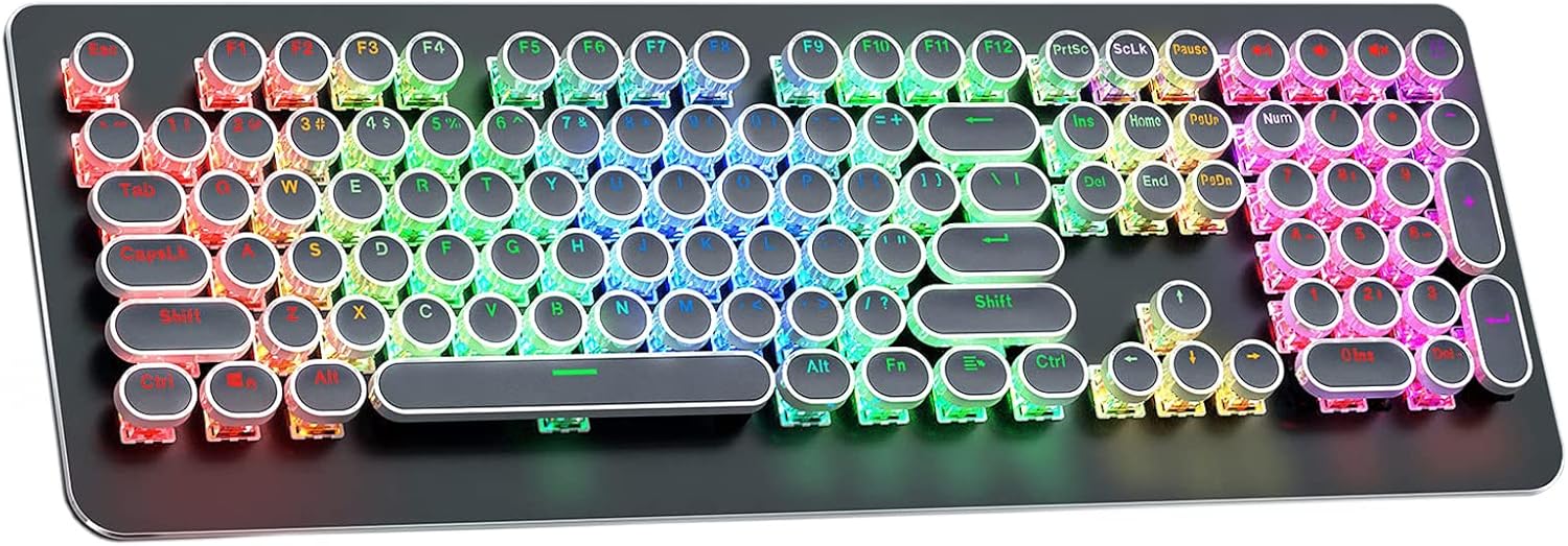 Typewriter Style Mechanical Gaming Keyboard with True RGB LED Backlight, 108-Key Anti-Ghosting Blue Switch Retro Steampunk Vintage Round Keycaps Metal Panel Wired USB, Black