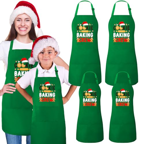 Suhine 4 Pack Christmas Aprons Adults Green Christmas Kitchen Cooking Baking Cookie Crew Matching Aprons with Pockets Cute Adjustable BBQ Bib Funny Holiday Chef Apron Gift for Xmas Party Decorations