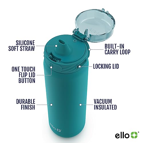 Ello Cooper 32oz Stainless Steel Water Bottle with Straw and Carry Handle, Double Walled and Vacuum Insulated Metal, Leak Proof Locking Lid with Soft Silicone Spout, Reusable, BPA Free, Yucca