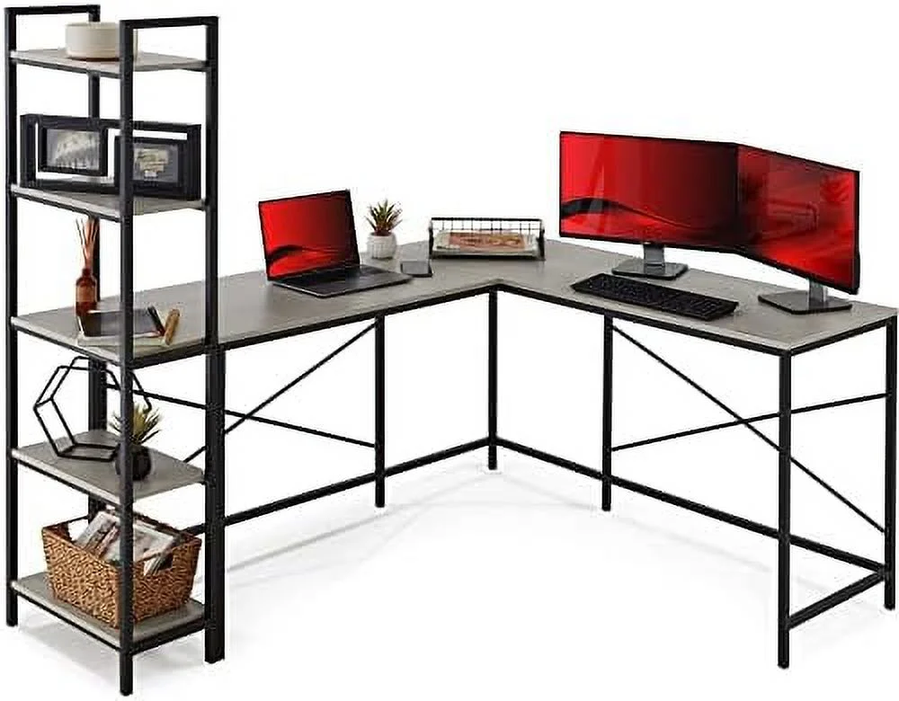 HJZBNONE L-Shaped Corner Computer Desk  Large Study Workstation  w/Multifunctional 5-Tier Open  Bookshelves  Custom Setup for Home  Office - Gray/Black