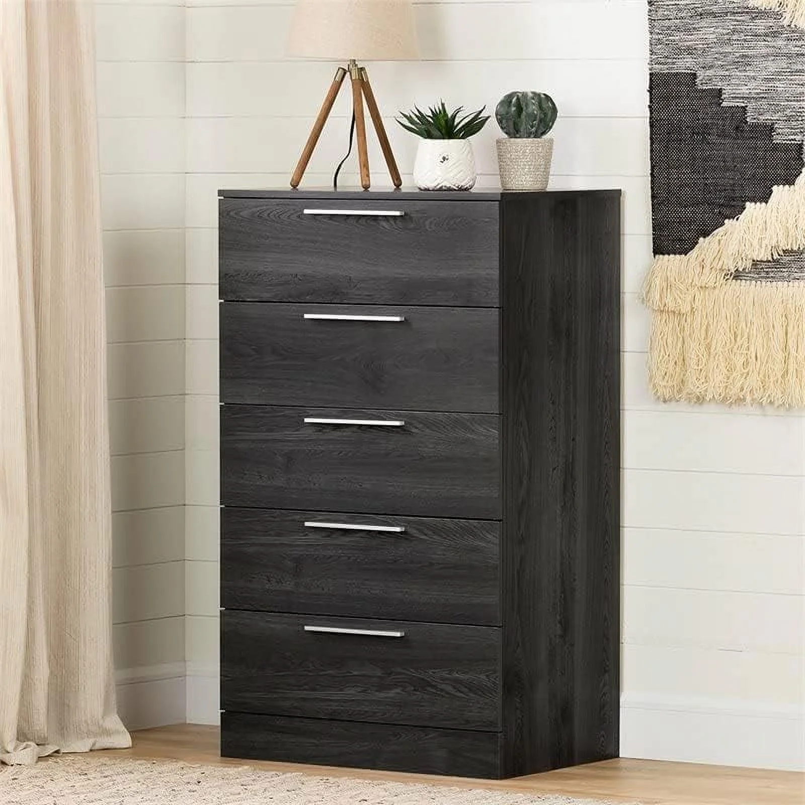 5 Drawers Dresser, Small Wood Organizer Chest For Bedroom, Modern Storage Tower For Closet, Dark Grey