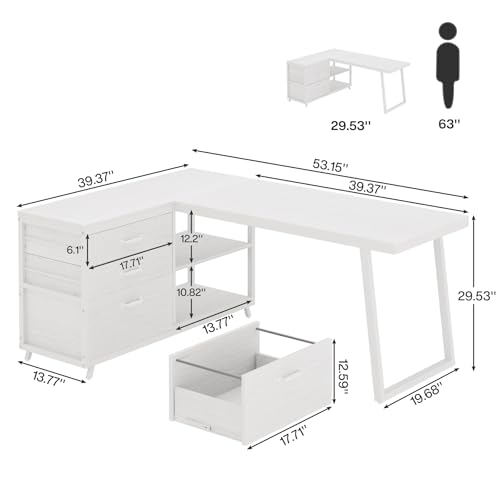 Tribesigns L-Shaped Desk with 3 Drawers, Reversible Corner Home Office Computer Desk with Shelves, 53-Inch Industrial PC Desk Study Writing Table Workstation for Small Space, Grey