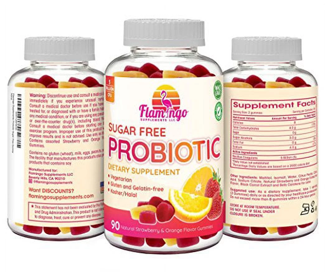 Flamingo Supplements - Sugar Free Probiotic Gummies - 5 Billion CFU, Non GMO, Vegetarian (NO Gelatin or Gluten) and Kosher. For Women Men & Kids Digestive and Immune Health | 90 Count