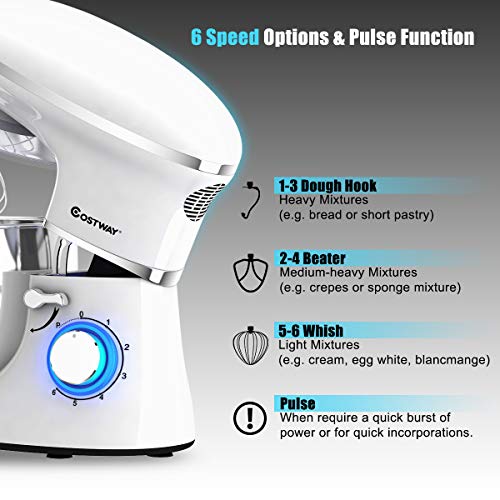 COSTWAY Stand Mixer, 660W Electric Kitchen Food Mixer with 6-Speed Control, 6.3-Quart Stainless Steel Bowl, Dough Hook, Beater, Whisk (Silver-update)