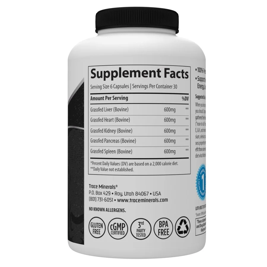 Trace Minerals Ancestral Beef Organ Capsules Supplement, Pasture Raised, Grass Fed & Finished, Paleo & Keto Friendly, 180 Count, 30 Servings