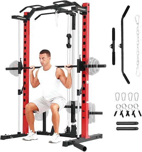 OPPSDECOR Smith Machine Squat Rack with LAT-Pull Down Multifunctional Power Rack with Cable Crossover Machine Power Cage with Barbell Bar Full Body Training Attachments for Home & Garage Gym