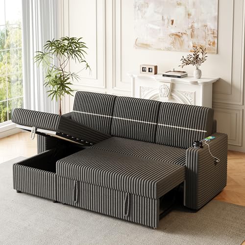 L-Shaped Sleeper Sectional Sofa Bed with Storage Chaise, Convertible Sleeper Sofa Pull Out Couch Bed, Corduroy Upholstered 3 Seater Corner Sofa with Cup-holder, USB Charge Port, Brown