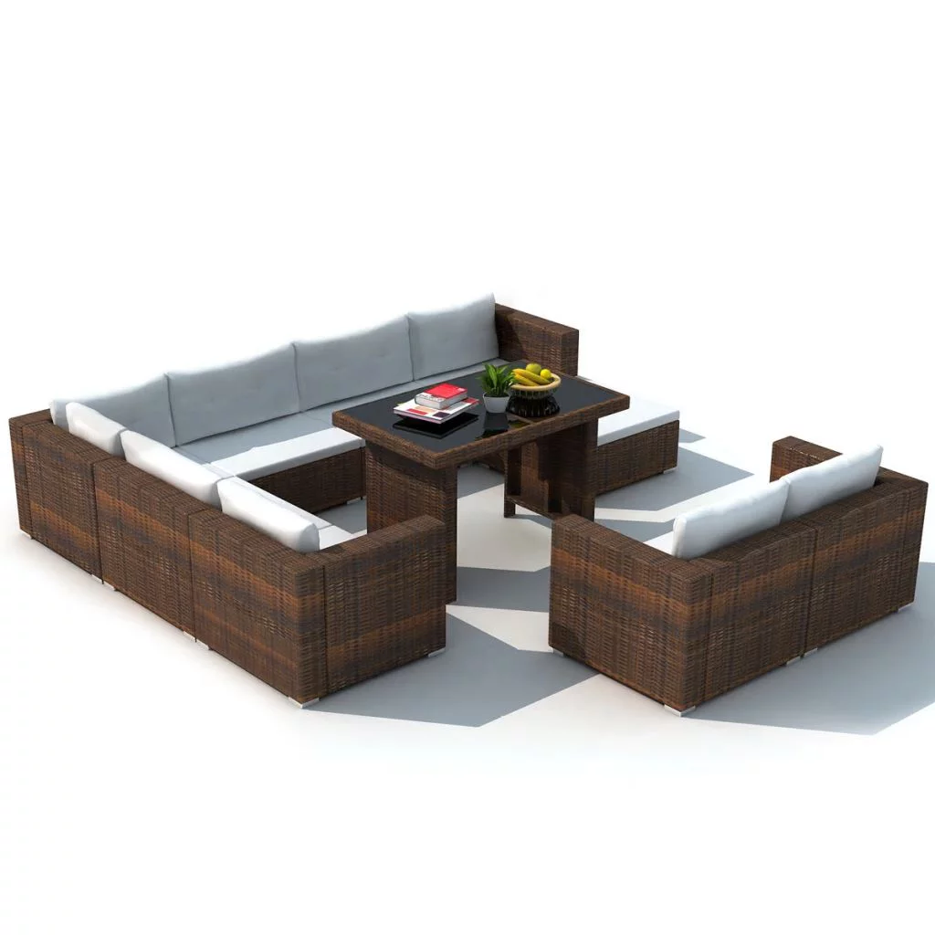 Anself 10 Piece Patio Lounge Set with Cushions 3 Center and 5 Corner Sofas and Dinner Table Conversation Set Poly Rattan Brown Outdoor Sectional Sofa Set for Garden, Balcony, Yard, Deck