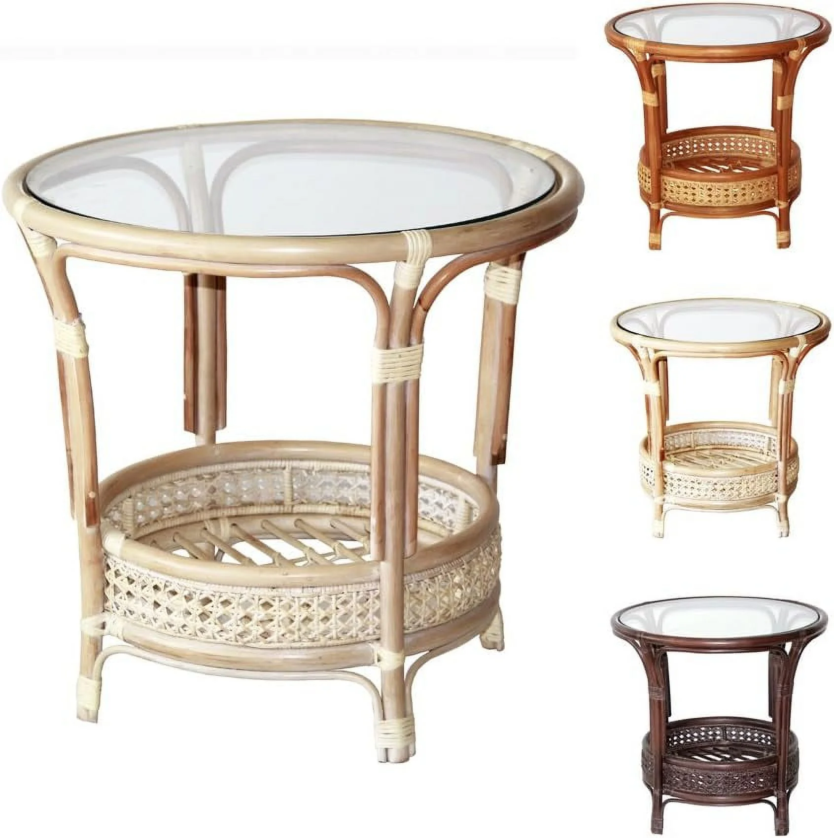 TJUNBOLIFE Pelangi Handmade Rattan Round Wicker Coffee Table with Glass  White Wash