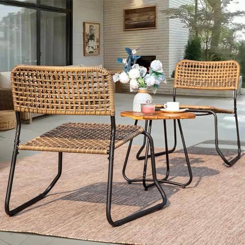 PHI VILLA 3 Pieces Outdoor Wicker Bistro Set for 2, Stackable Rattan Chairs & Acacia Wood Round End Table, Small Teak Conversation Furniture Set for Patio, Deck, Yard, Porch, Balcony
