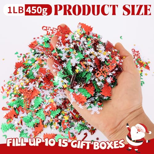 1LB Christmas Crinkle Cut Paper Shred - Red Green Gold White Gift Basket Filler with Santa, Snowman, Elk and Tree Confetti for Xmas Party Decorations, Wrapping & Crafts(Red+Green)