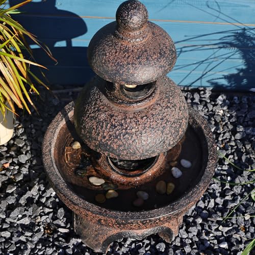 Outdoor Garden Water Fountain - Modern Tranquil Zen Pagoda Waterfalls Fountains Bowl with LED Lights & Pump for Patio Yard Porch Pool Decor, Gray, 35.5 inches