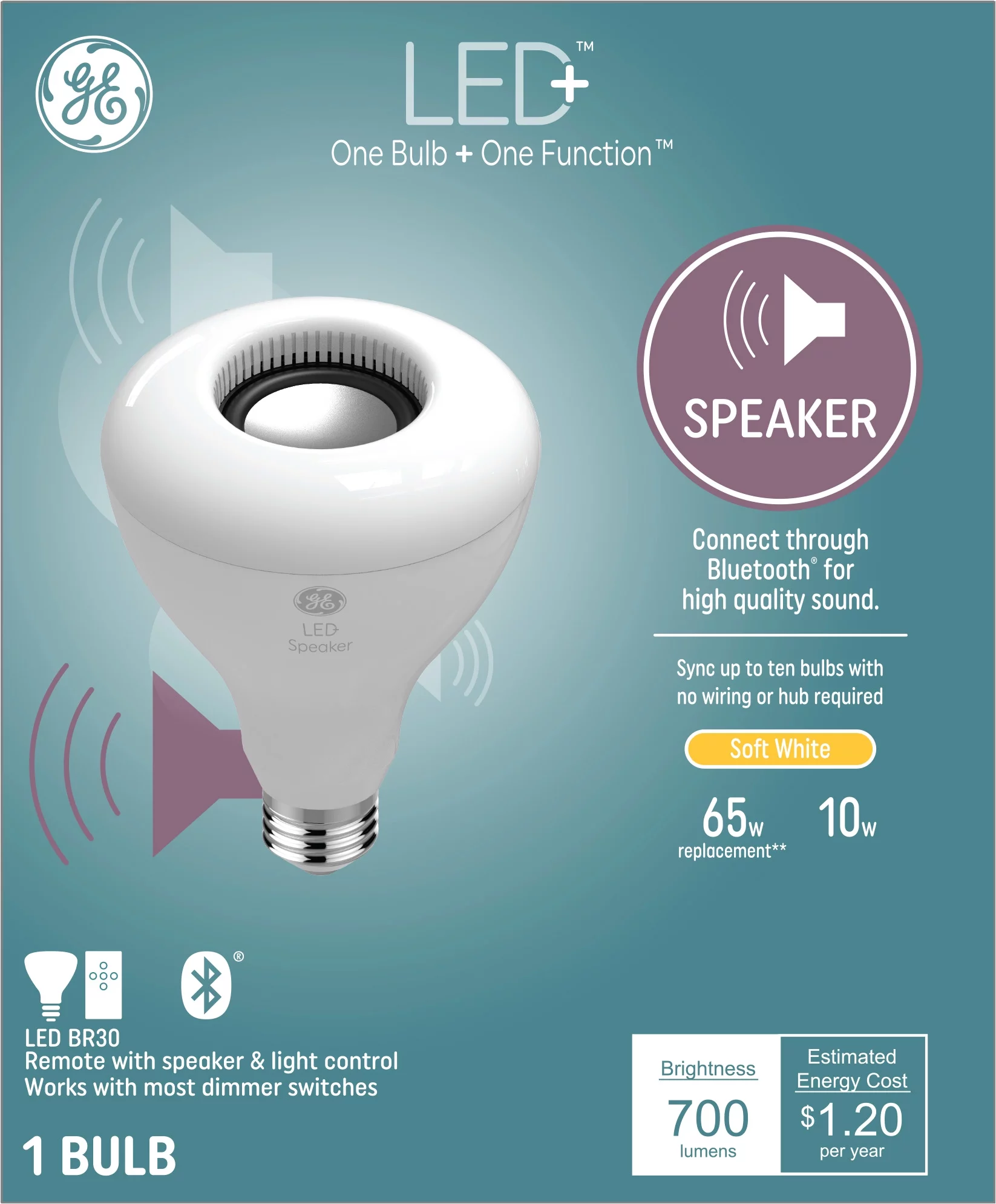 GE LED+ Speaker Floodlight Bulb, 10 Watts, Soft White, Bluetooth Enabled with Remote BR30 Light Bulb