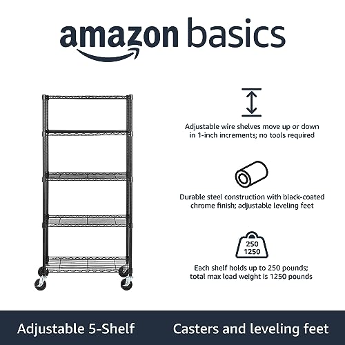 Amazon Basics 5-Shelf Adjustable, Heavy Duty Storage Shelving Unit on 4'' Wheel Casters, Metal Organizer Wire Rack, 30