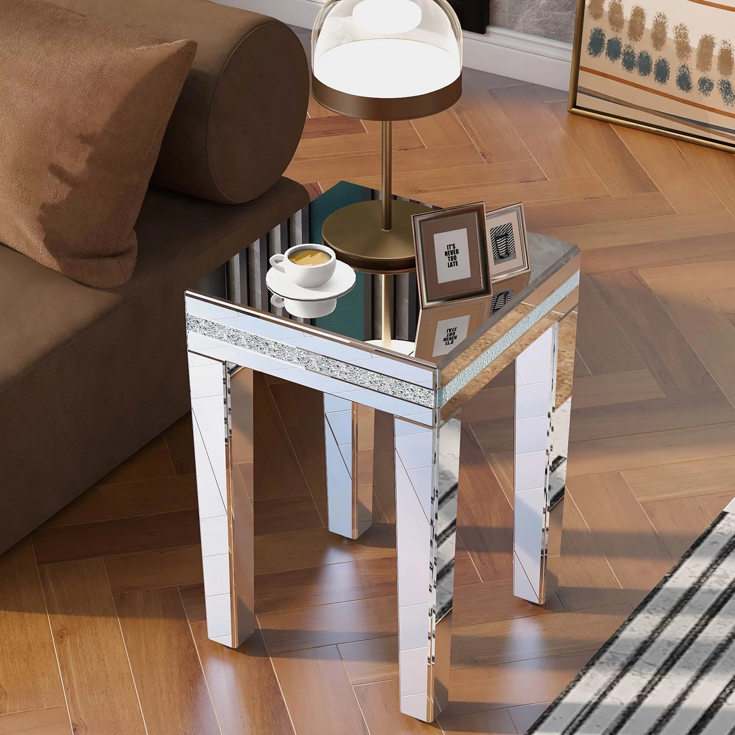 Churanty Glass Mirrored Side Table Modern Crystal Design and Adjustable Height Legs, Silver