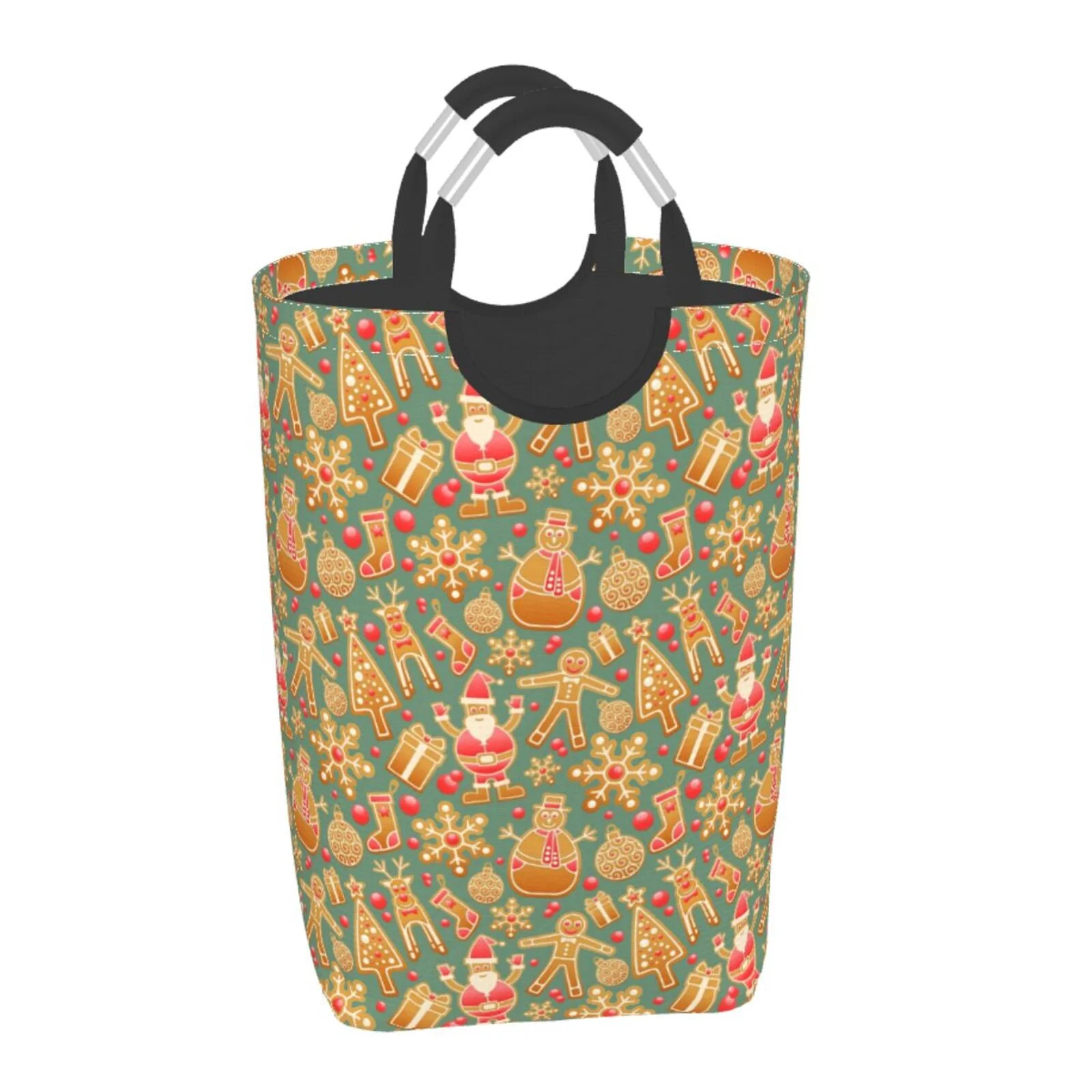 XMXT Large Collapsible Laundry Hamper, Christmas Gingerbread Print Laundry Basket with Aluminum Handle, 50L Multicolor