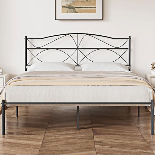 VECELO Full Size Metal Platform Bed Frame with Headboard and Footboard,Sturdy Slats Support Mattress Foundation, No Box Spring Needed, Black