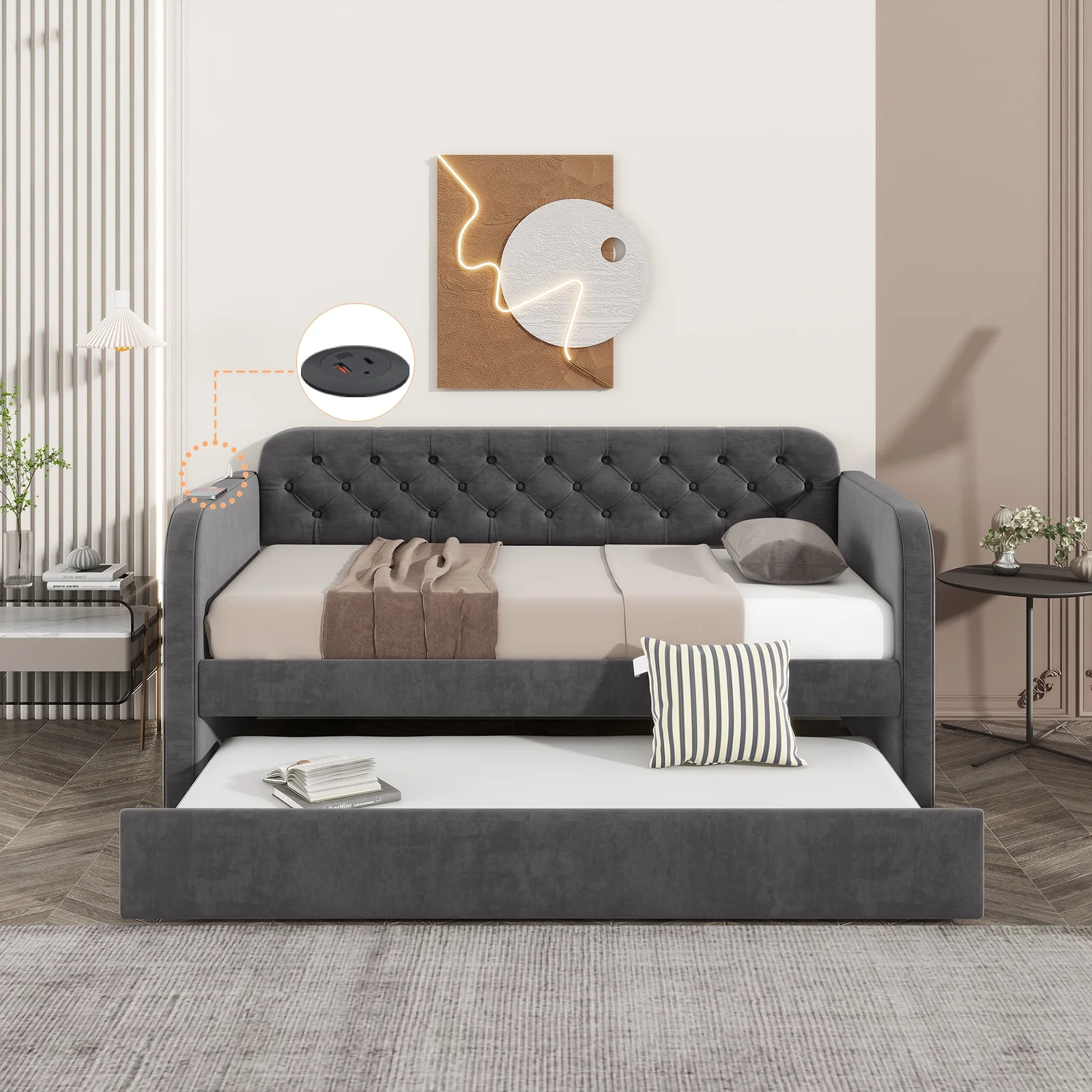WII UWILL Twin Size Velvet Upholstered Daybed with Trundle,USB-C and Type-C,Backrest and Armrests Modern Day Bed Frame for Bedroom Guestroom Living Room,Wood Slats Support, Easy to Assemble