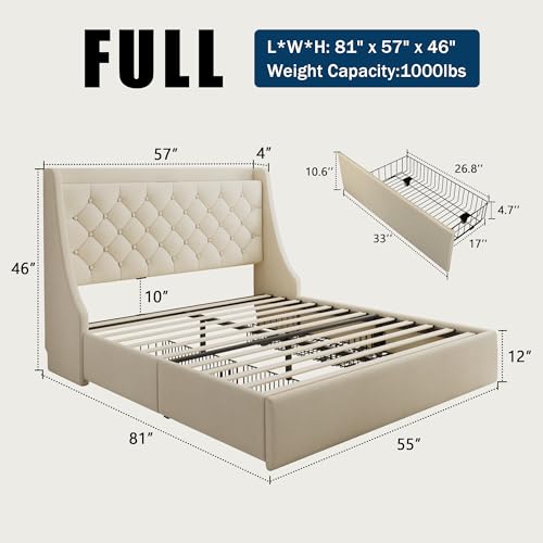 King Size Bed Frame with 4 Storage Drawers, Giant Upholstered Wingback Headboard, Fast Charging Station, No Box Spring Needed, Noise-Free, Beige