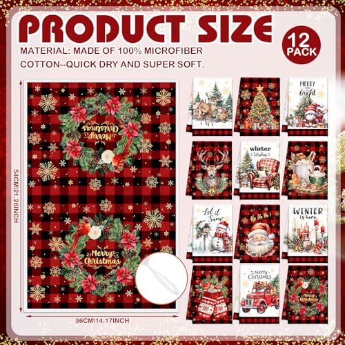 VitalCozy 12 Pcs Christmas Kitchen Towels and Dishcloths Retro Christmas Tree Reindeer Santa Claus Cardinal Snowman Hand Tea Towels Decor for Xmas Home Housewarming Gift Supplies, 14.2 x 21.3 Inch