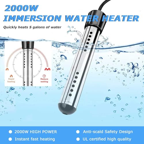 2000W Immersion Water Heater UL Listed,Portable Electric Water Heater with 304 SS Anti-scalding,Updated with Digital Thermometer,S Hook,2 Reusable Straps,Heats up to 5 gallons of Water in Minutes