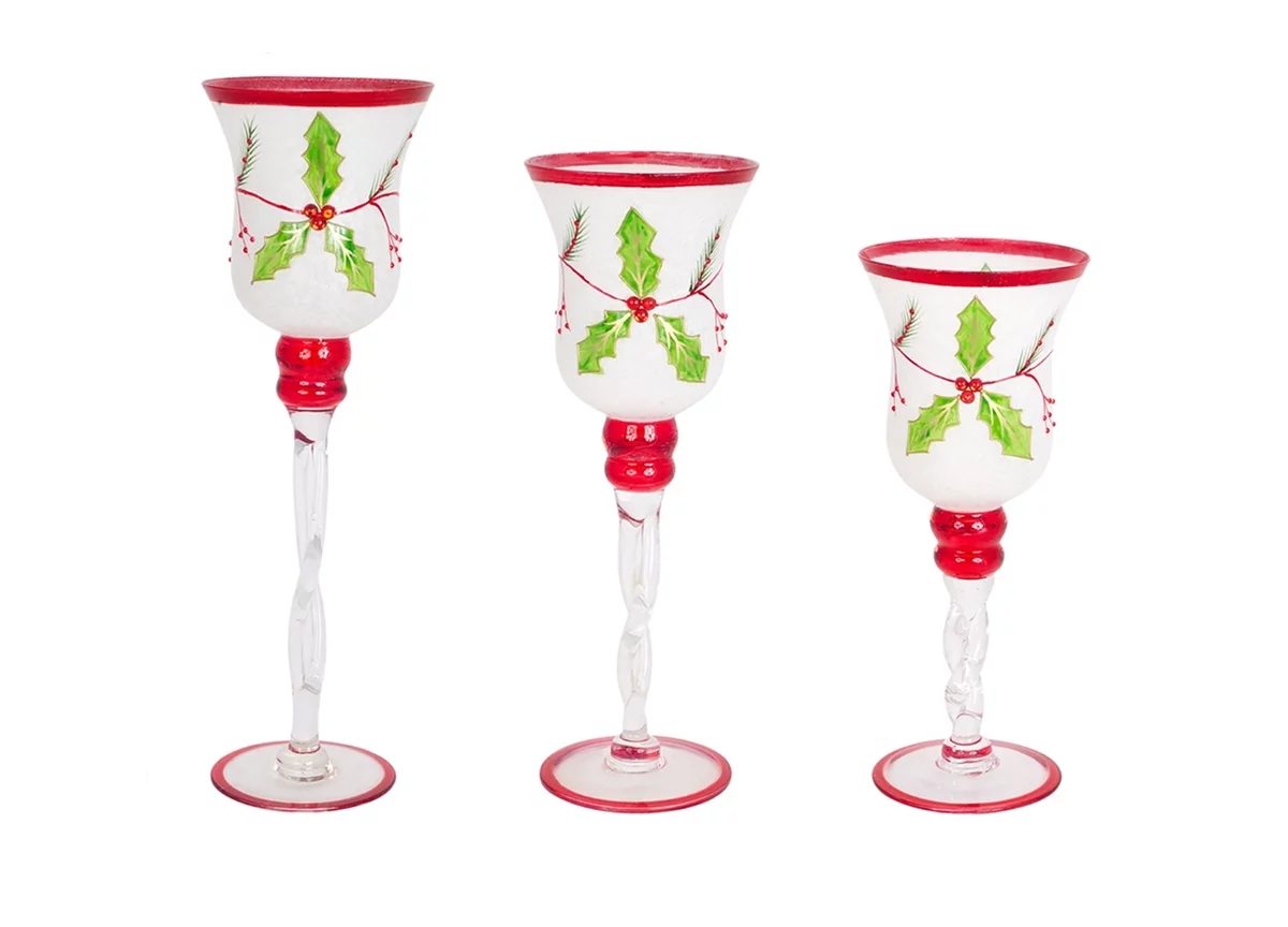 Melrose 3ct Glass Holly Christmas Candle Holder Set 15.75