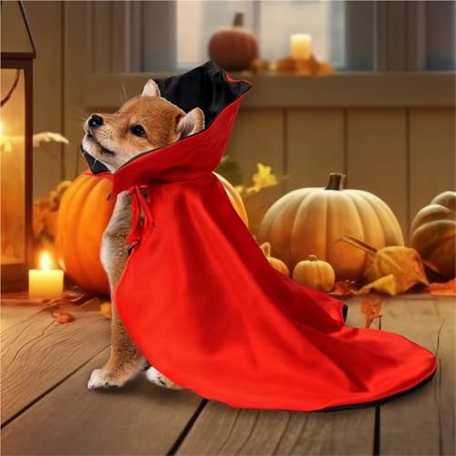 Halloween Cat and Dog Vampire Costume, Halloween Pet Cape Devil Costume Adjustable Red Black Cape(Black red,M 8-11kg)