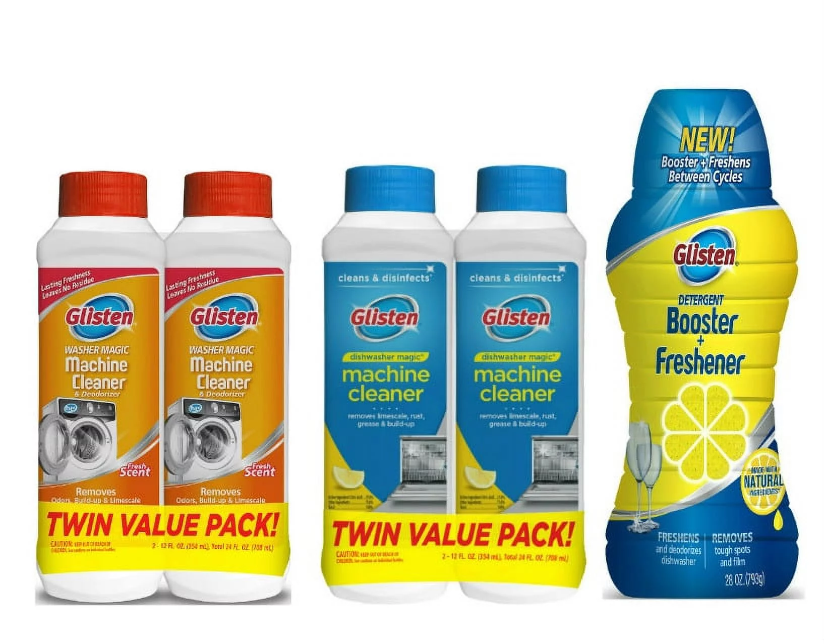 Glisten Dishwasher Magic Machine Cleaner and Disinfectant 2-Pack and Detergent Booster, and Washer Magic Washing Machine Cleaner and Deodorizer 2-Pack
