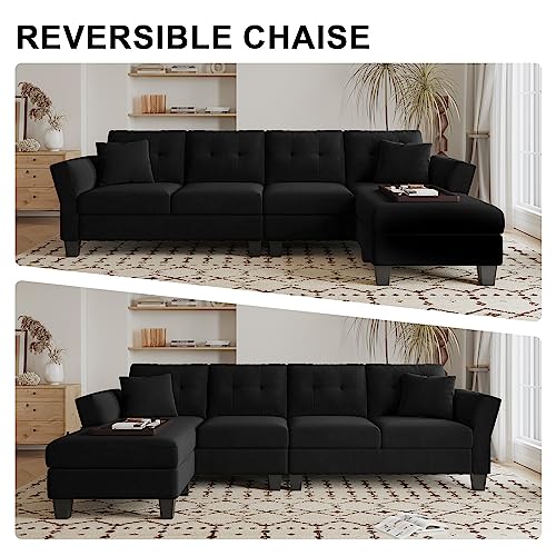 Belffin Velvet Sectional Couch L Shaped Sofa 4 Seater Sofa with Chaise L-Shaped Couches Convertible Sectional Sofa Black