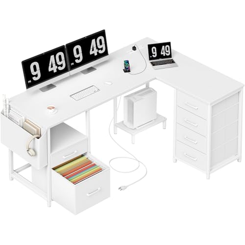 Black L Shaped Gaming Desk - Corner Computer Reversible Desk with Storage 6 Fabric Drawers File Cabinet Power Outlets CPU Stand, Home Office L-Shaped Work Desks for 2 Monitors Boys Teen Study Writing