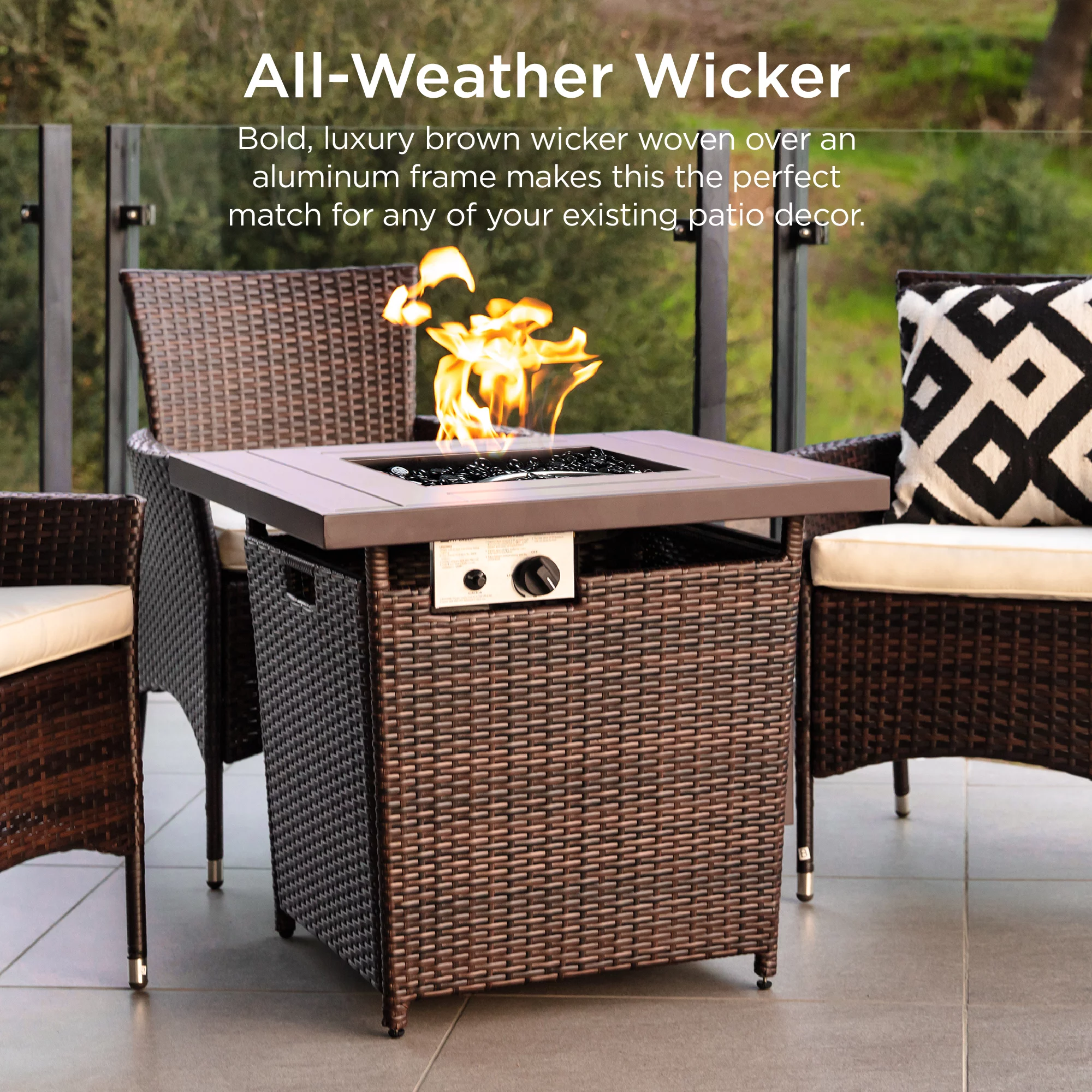 Best Choice Products 28in Propane Gas Fire Pit Table 50,000 BTU Outdoor Wicker w/ Glass Beads, Tank Holder  Brown