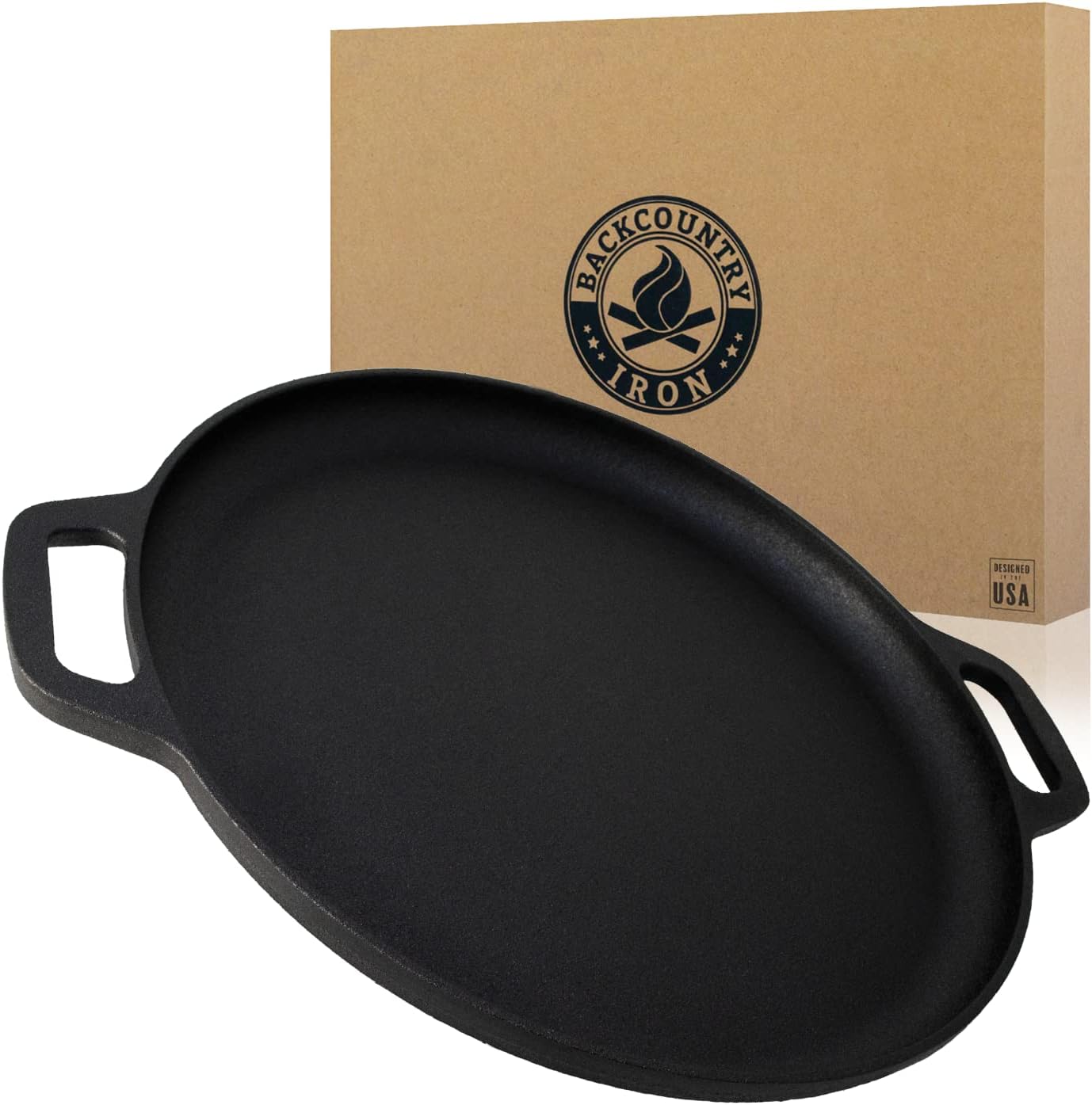 Backcountry Iron 13.5 Inch Cast Iron Pizza Pan with Loop Handles Pre-Seasoned