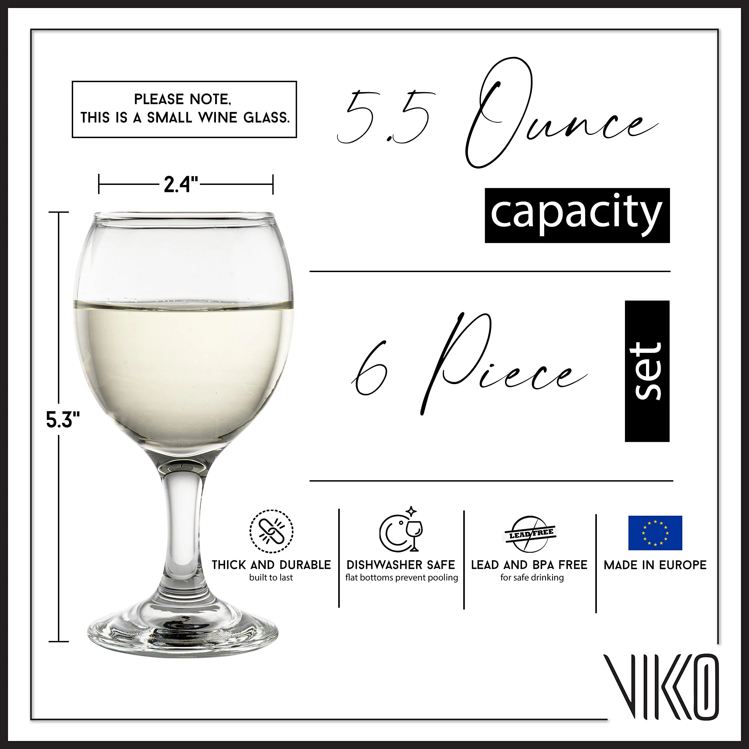 Vikko 5.5-Oz SMALL Wine Glasses, Beautiful Round Dessert Wine Glasses, Set of Wine Glasses, Durable Stemmed Wine Glasses, Dishwasher Safe Thick Wine Glasses, White Wine Glasses Set of 6