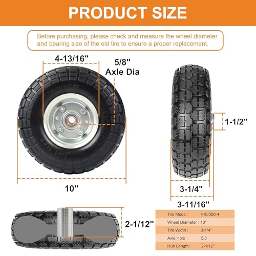 4.10/3.50-4 Tire and Dolly Wheel Flat Free - Solid Rubber Hand Truck Wheels 5/8