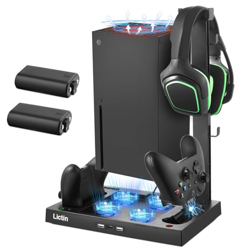 Lictin Cooling Fan Charging Station for Xbox Series X Console & Controller, Upgraded 4 Cooler Fan System Stand, Vertical Dual Charger Station Dock Accessories with 2 x 1400mAh Rechargeable Battery