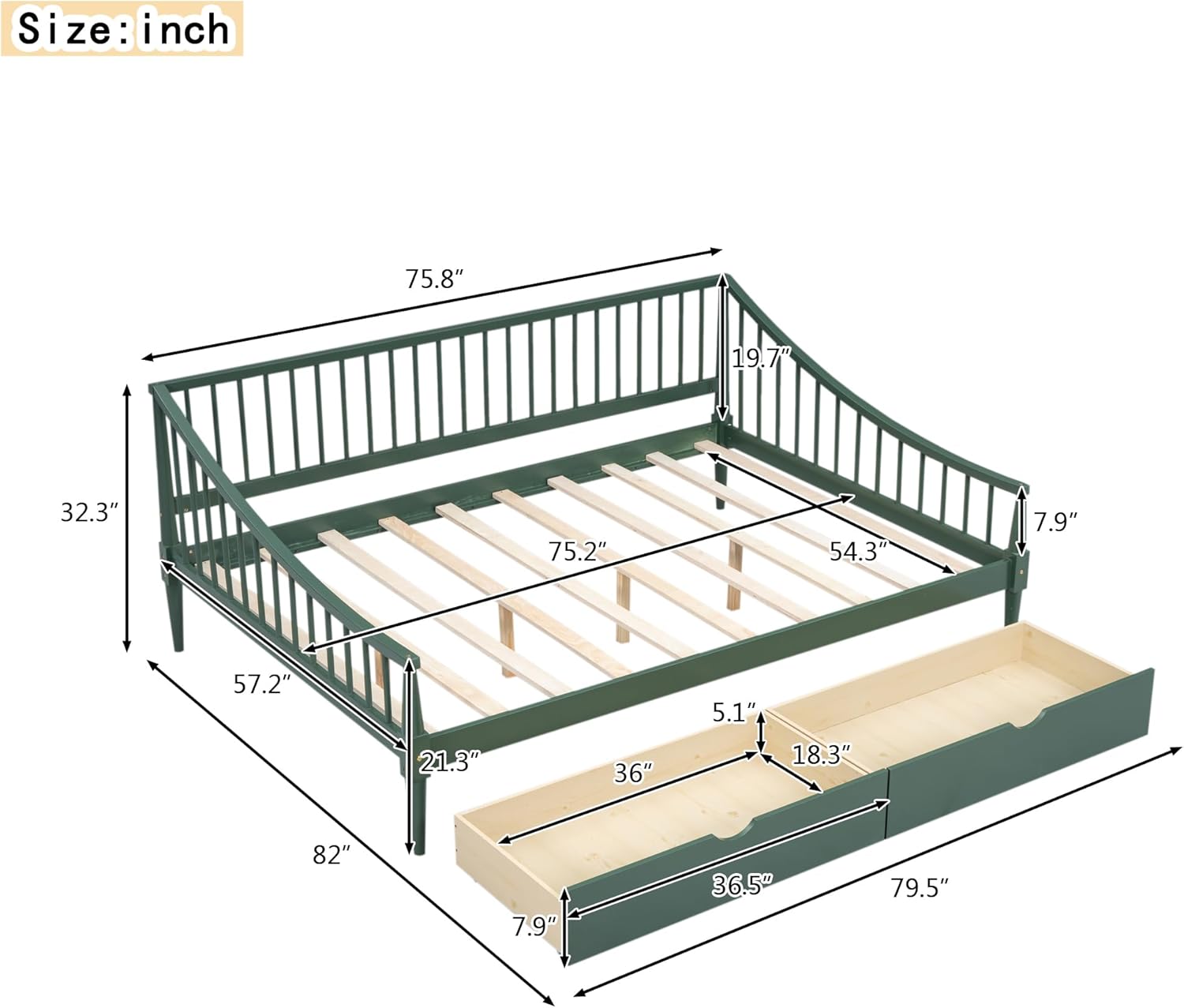 Full Size Daybed with Two Drawers,Solid Wood Storage Bed Frame W/Wooden Slat Support,Guide Rail Design on Three Sides,Easy to Assemble,for Bedroom Living Room,Green