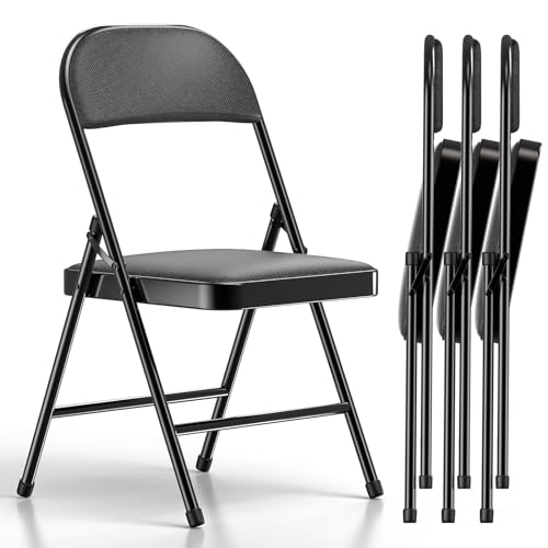 Nazhura 4 Pack Folding Chairs, Fabric Dining Chair Set with Padded Cushion and Back, Indoor Outdoo Seat for Home Office Events Wedding Party (Oatmeal Strip Fabric Seating)