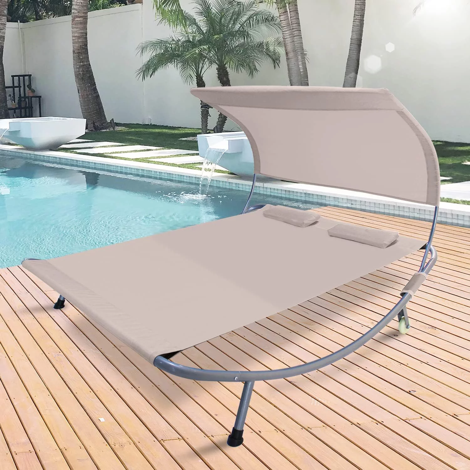 COVERONICS Patio Double Chaise Lounge Bed with Canopy,Headrest Pillow and Wheels,Portable Outdoor Hammock Bed for Patio, Yard, Pool(Khaki)