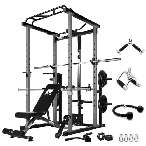 RitFit Power Cage with Optional LAT PullDown/Cable Crossover/Smith Machine System, 1000LB Squat Rack for Home & Garage Gym, with Weight Storage Rack and More Training Attachments, ASTM-Certified