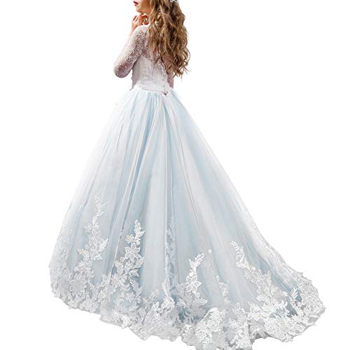 Girls Long Sleeve Lace Flower Wedding Bridesmaid Party Dresses Kids Princess Pageant Floor Length Tulle Ball Gown 2-13T