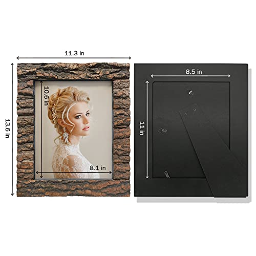 8x10 Rustic Wood Picture Frame with Real Bark，Solid Wood High Definition Glass,Tabletop or Wall Mounting for Farmhouse Decor.