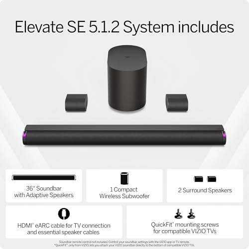 VIZIO 5.1.2 Elevate SE Soundbar, Wireless Subwoofer, Surround Sound w/Dolby Atmos & DTS:X, Bluetooth Speaker, QuickFit™ Compatible – SL512X-08 (New, 2024 Model)