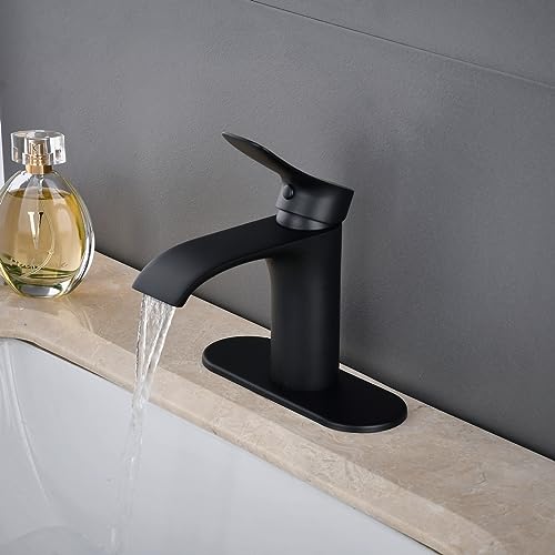 Tall Vessel Sink Faucet Bathroom Waterfall Faucet Brushed Gold Finished Single Handle Matte Black Vanity Bathroom Faucet Basin Mixer Tap with Water Supply Hose and Pop Up Sink Drain
