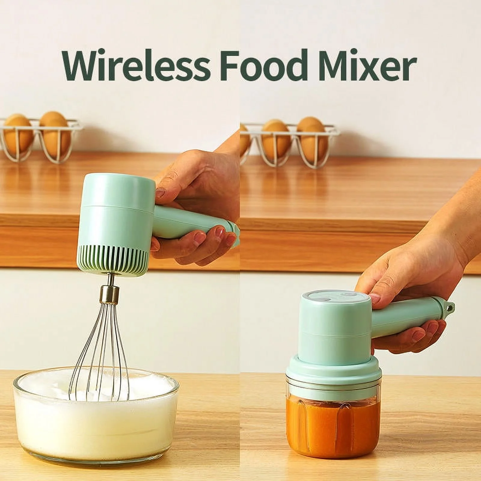Jinmili Wireless Portable Electric Food Mixer Hand Blender 3 Speeds High Power Dough Blender Egg Beater Hand Mixer(Green-1)